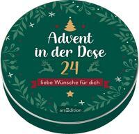 Runde Dose in grün mit Weihnachtsmotiv. Beschriftung Advent in der Dose, 24 liebe Wünsche für dich.