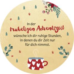 Runder Hintergrund in beige mit weihnachtlichen Motiven. Text über ruhige Stunden in der Adventszeit.