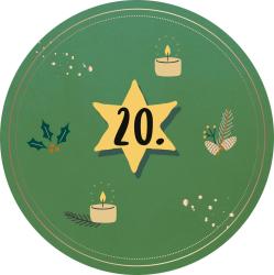 Grüner runder Hintergrund mit einer goldenen Sternform. Die Zahl 20 und dekorative Elemente wie Kerzen und Tannenzweige.