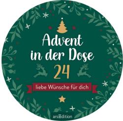 Runde Dose mit grünem Hintergrund. Aufschrift 'Advent in der Dose' und Weihnachtsmotive.