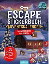 Buchcover eines Escape Stickerbuchs mit dem Titel Adventskalender. Winterlandschaft mit einem Holzhaus und Tannenbäumen.