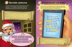 Illustration eines Weihnachtsmanns vor einer Tür. Links ein Rätsel mit Zahlen und Hinweisen.