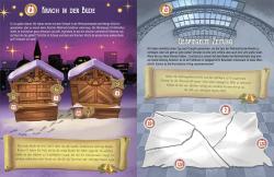 Zwei Weihnachtsbuden im Schnee. Text über das Alter der Buden und eine Zeitung.