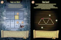 Zwei Seiten mit Weihnachtsrätseln. Links ein Spielfeld mit Pfeilen, rechts ein Streichholzrätsel.