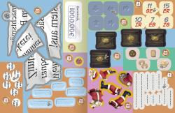 Spielmaterialien für ein Brettspiel. Enthält verschiedene Karten und Figuren.