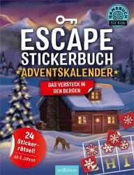 Buchcover mit dem Titel Escape Stickerbuch Adventskalender. Winterlandschaft mit einem Holzhaus und einem Reh.