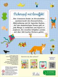 Buchcover mit dem Titel Stickern und Lernen Denkspiele. Abbildung einer Giraffe und bunte Sticker.