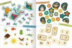 Buchcover mit dem Titel Stickern und Lernen Denkspiele. Abbildung einer Giraffe und bunte Sticker.