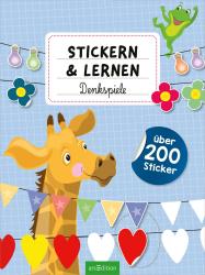 Buchcover mit dem Titel Stickern und Lernen Denkspiele. Abbildung einer Giraffe und bunte Sticker.