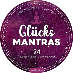 Rundes Adventskalender-Design mit lila Hintergrund und weißen Punkten. Enthält die Aufschrift Glucks Mantras 24 und Impulse fur die Weihnachtszeit, mit einer sitzenden Meditationsfigur oben.