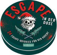 Runde Dose mit dem Titel 'ESCAPE IN DER DOSE'. Motiv mit Totenkopf und Weihnachtsmütze.