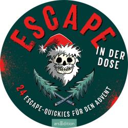 Runde Verpackung mit dem Titel 'ESCAPE IN DER DOSE'. Grafisches Design mit einem Totenkopf im Weihnachtsmann-Hut und Tannenbäumen.