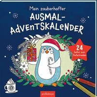 Buchcover eines Ausmal-Adventskalenders. Ein niedlicher Pinguin mit Geschenken und Weihnachtsmotiven.