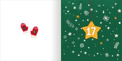 Weihnachtliche Illustration mit roten Handschuhen, einem grünen Tannenzweig und einer grünen Hintergrundfläche mit weißen und orangefarbenen Sternen, Schneeflocken und weiteren winterlichen Motiven. Eine gelbe Sternform mit der Zahl 17 hängt an einer roten Schnur.