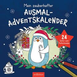 Blauer Adventskalender mit einem Pinguin in Weihnachtsmütze, umgeben von Tannenzweigen und Schneeflocken. Auf der Vorderseite steht der Titel Mein zauberhafter Ausmal-Adventskalender mit 24 Seiten zum Ausschneiden.