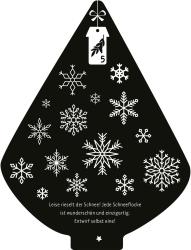 Schwarze Weihnachtsbaum-Illustration mit weißen Schneeflocken und einem Geschenkanhänger. Unten ein Spruch in deutscher Sprache.