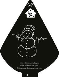 Schwarz-weißes Bild eines Schneemanns mit drei Kugeln, einem Hut und einem Gesicht. Zwei Vögel sitzen auf den Armen, oben eine Haus- und Baumzeichnung, darunter ein Text in deutscher Sprache.