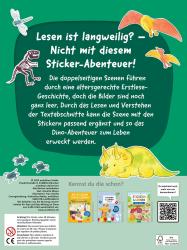 Buchcover mit dem Titel Mit Stickern Lesen Lernen. Abenteuer im Dino-Park mit Illustrationen von Kindern und einem Dinosaurier.