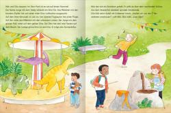 Buchcover mit dem Titel Mit Stickern Lesen Lernen. Abenteuer im Dino-Park mit Illustrationen von Kindern und einem Dinosaurier.
