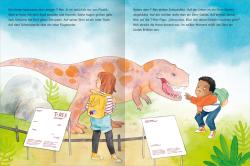 Buchcover mit dem Titel Mit Stickern Lesen Lernen. Abenteuer im Dino-Park mit Illustrationen von Kindern und einem Dinosaurier.