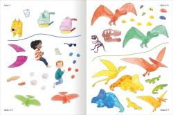 Buchcover mit dem Titel Mit Stickern Lesen Lernen. Abenteuer im Dino-Park mit Illustrationen von Kindern und einem Dinosaurier.