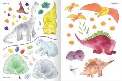 Buchcover mit dem Titel Mit Stickern Lesen Lernen. Abenteuer im Dino-Park mit Illustrationen von Kindern und einem Dinosaurier.