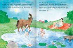 Buchcover mit dem Titel Mit Stickern Lesen Lernen. Illustration von einem Reiterhof mit einem Kind und zwei Pferden.