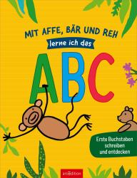Buchcover mit dem Titel Mit Affe Baer und Reh lerne ich das ABC. Bunte Illustrationen von Tieren und Pflanzen.