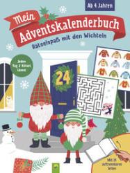 Buchcover mit dem Titel 'Mein Adventskalenderbuch'. Illustrationen von Wichteln und weihnachtlichen Motiven.