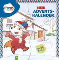 Buchcover mit dem Titel 'Mein Adventskalender'. Ein fröhliches Tier in Winterkleidung läuft durch den Schnee.