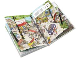 Buchcover mit dem Titel 'Das Wimmelbuch der Heidehasen'. Bunte Illustration von Hasen bei verschiedenen Aktivitäten unter Bäumen.