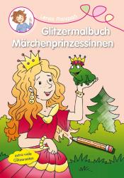 Buchcover mit dem Titel 'Glitzermalbuch Märchenprinzessinnen'. Eine Prinzessin mit Krone hält einen Frosch in der Hand.