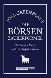 Buchcover mit blauem Hintergrund. Titel ist Die Boersen Zauberformel von Joel Greenblatt.