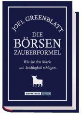 Buchcover mit blauem Hintergrund. Titel ist Die Boersen Zauberformel von Joel Greenblatt.