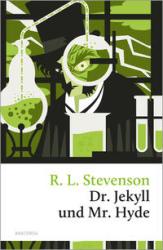 Buchcover von Dr. Jekyll und Mr. Hyde. Grafische Darstellung eines Wissenschaftlers mit Reagenzgläsern.