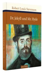 Buchcover von Dr. Jekyll und Mr. Hyde. Grafische Darstellung eines Wissenschaftlers mit Reagenzgläsern.