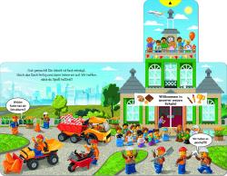 Buchcover mit dem Titel 'LEGO CITY Baustelle'. Abbildung von LEGO-Figuren und Baumaschinen auf einer Baustelle.