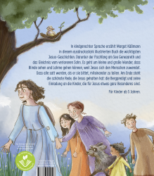 Buchcover mit dem Titel 'Die schönsten Jesus-Geschichten'. Illustration zeigt eine Person mit einem Schaf und zwei Kindern.