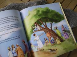 Buchcover mit dem Titel 'Die schönsten Jesus-Geschichten'. Illustration zeigt eine Person mit einem Schaf und zwei Kindern.