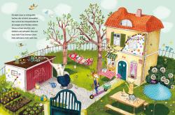 Buchcover mit dem Titel 'Zimmer frei in der Knispelstraße 10'. Illustration eines bunten Hauses mit Tieren und einem Schild 'zu vermieten'.