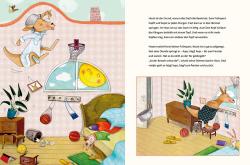 Buchcover mit dem Titel 'Zimmer frei in der Knispelstraße 10'. Illustration eines bunten Hauses mit Tieren und einem Schild 'zu vermieten'.