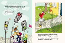 Buchcover mit dem Titel 'Zimmer frei in der Knispelstraße 10'. Illustration eines bunten Hauses mit Tieren und einem Schild 'zu vermieten'.