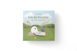 Buchcover mit dem Titel 'Fritz das Flattertier'. Eine cartoonhafte Figur eines Vogels und eines Frosches in einer Landschaft.