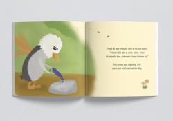 Buchcover mit dem Titel 'Fritz das Flattertier'. Eine cartoonhafte Figur eines Vogels und eines Frosches in einer Landschaft.