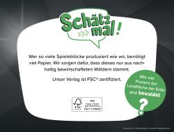 Weißer Hintergrund mit grüner und schwarzer Schrift. Text informiert über nachhaltige Papierherstellung und FSC Zertifizierung.