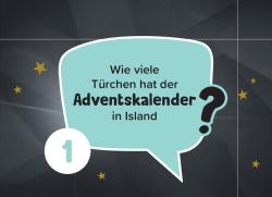 Frage in einem blauen Sprechblasen-Design: Wie viele Türchen hat der Adventskalender in Island? Mit kleinen goldenen Sternen im Hintergrund.