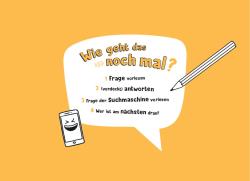 Hintergrund in orange, weiße Sprechblase mit Text, schwarzer Stift, lachendes Smartphone. Anleitung zum Wiederholen von Fragen und Antworten.