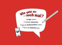 Weißes Textfeld mit roten und schwarzen Buchstaben. Darauf steht eine Anleitung zum wiederholten Fragenstellen mit vier Schritten.