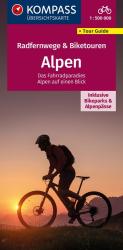 Karte mit dem Titel 'Radfernwege & Biketouren Alpen'. Silhouette eines Radfahrers vor einem Sonnenuntergang.