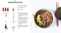 Buchcover mit dem Titel 'Super einfach asiatische Küche'. Illustration einer Schüssel mit asiatischem Essen und Zutaten.